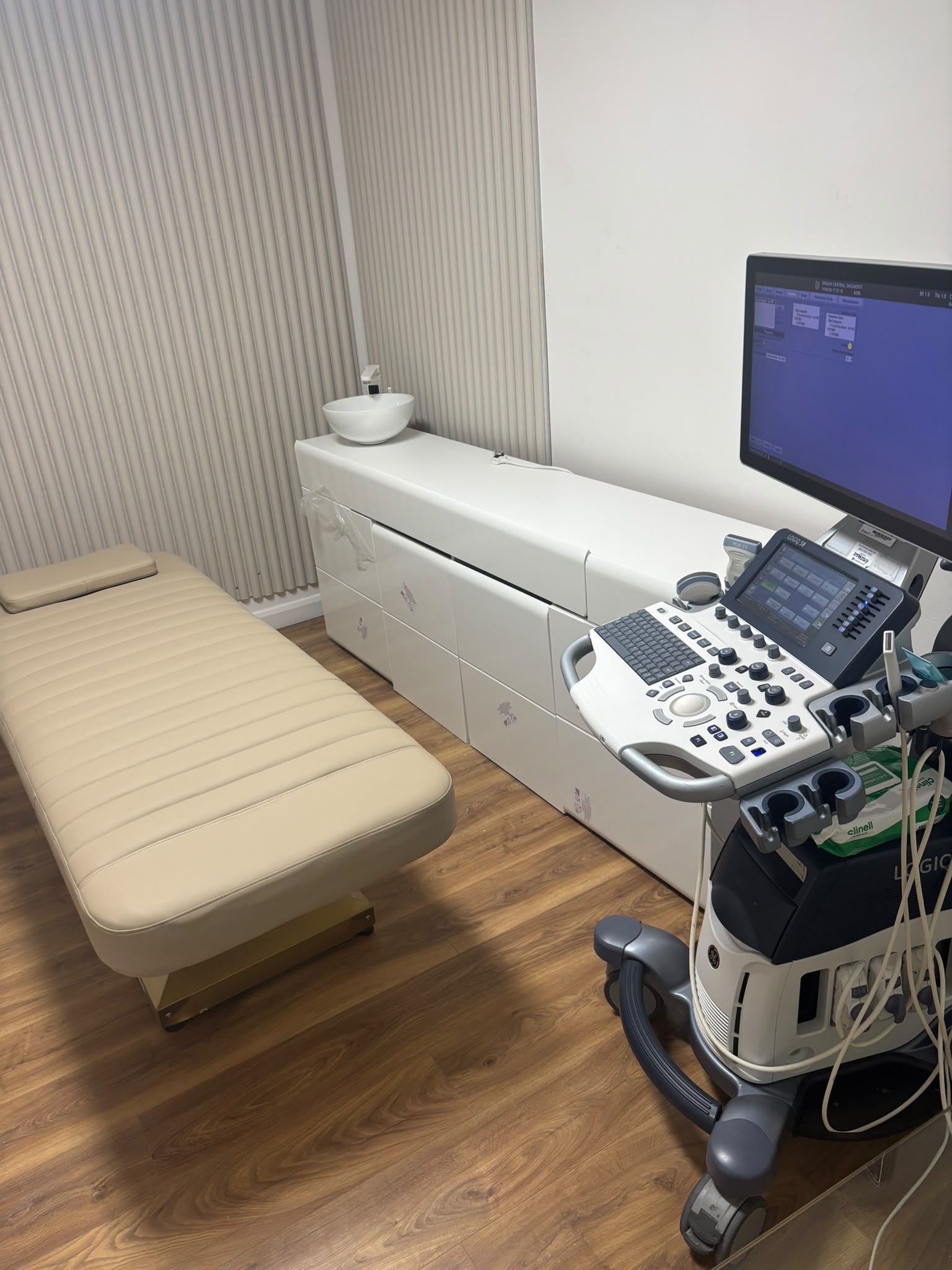Ultrasound examination room at Dr Skin Central Diagnostics in Ipswich